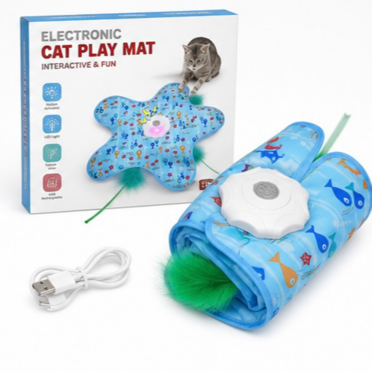 Interactive Automatic Cat Play Mat with LED & Feather Teaser Toy