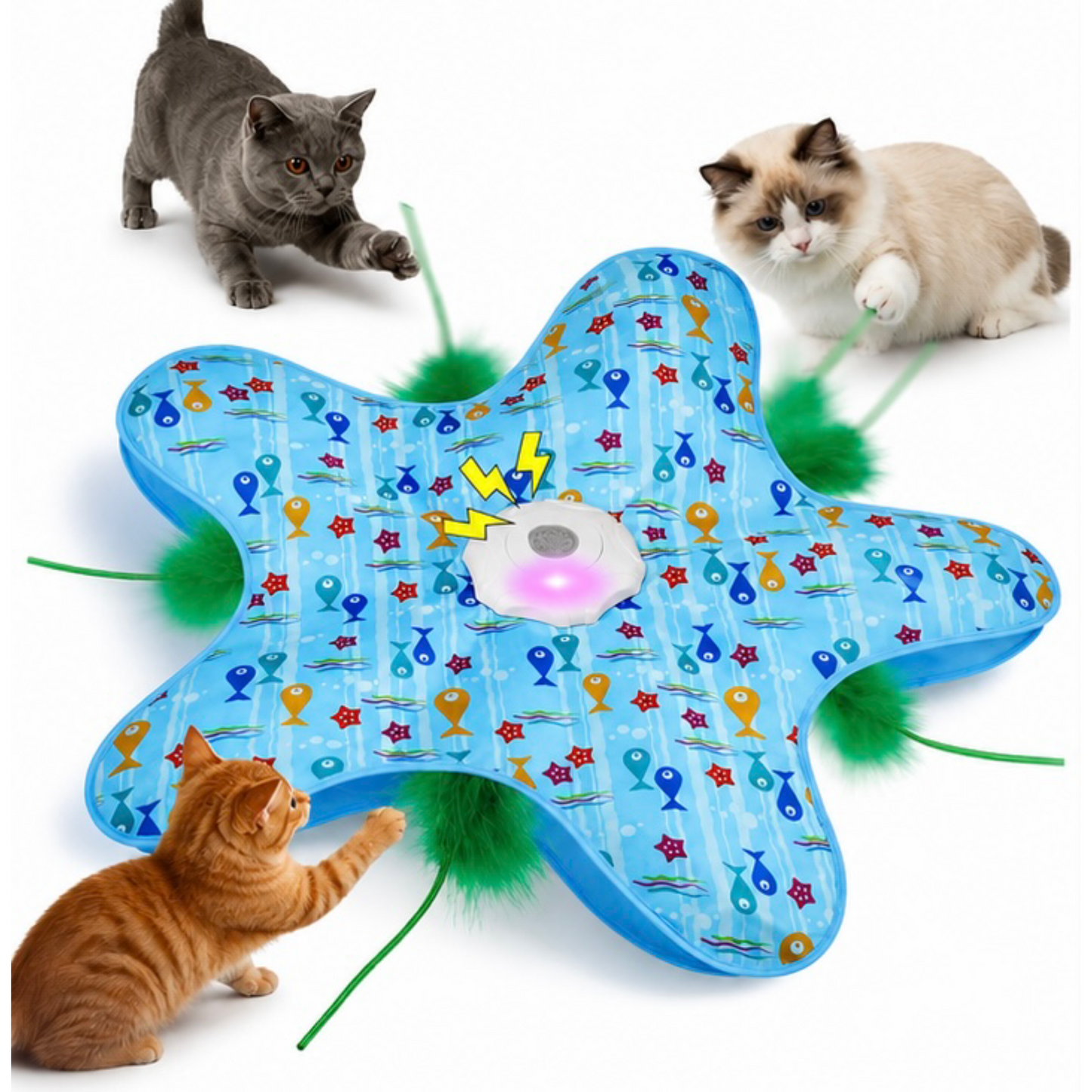 Interactive Automatic Cat Play Mat with LED & Feather Teaser Toy